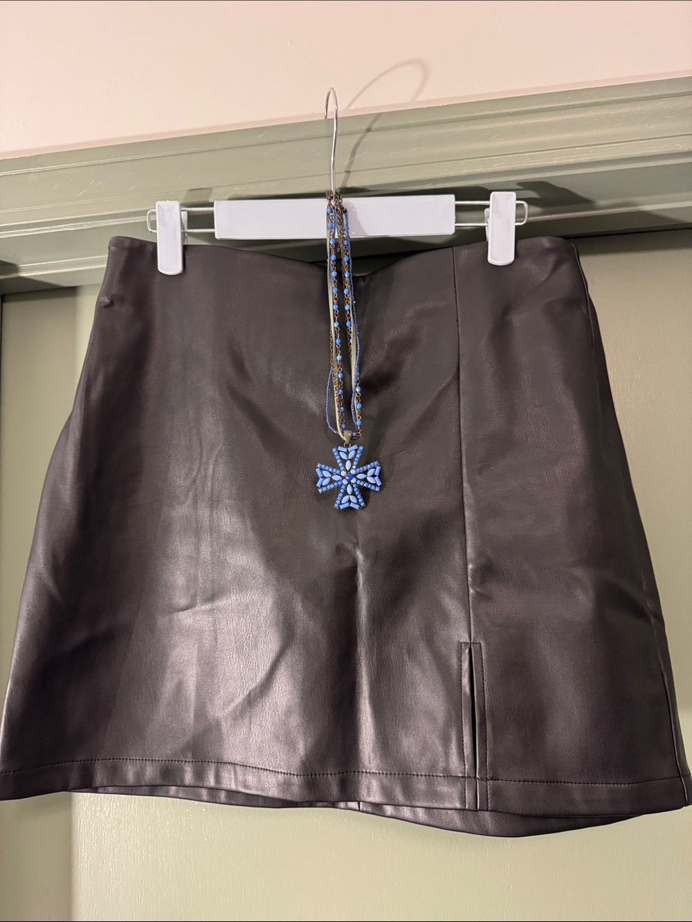 Women's Black Faux Leather Mini Skirt & necklace